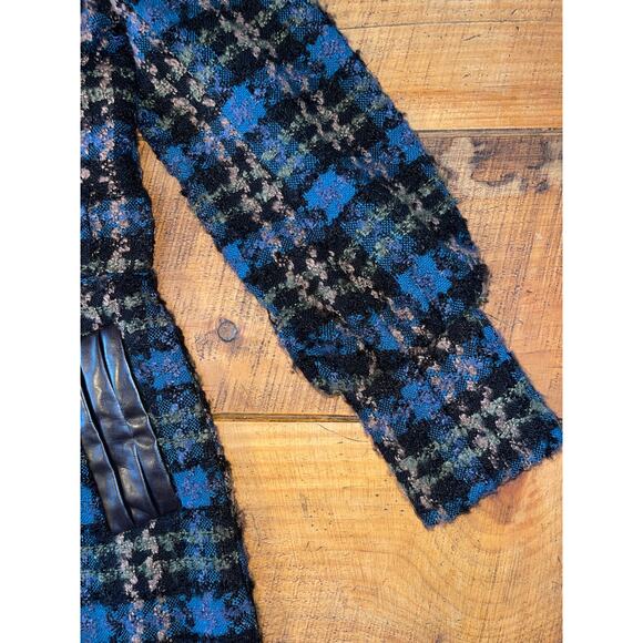 Womens Steve Madden Blue Plaid Tweed Belted Faux Leather Trim Buttons Coat L - Picture 2 of 12